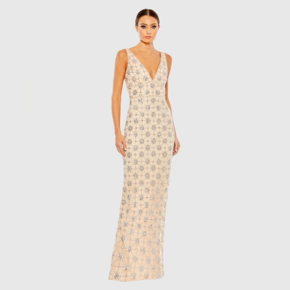 Mac DuggalSleeveless Hand Beaded V-Neck Gown